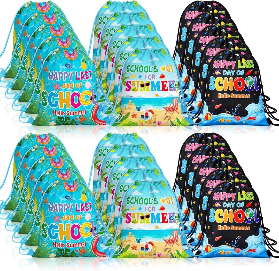 Kacctyen 30 Pack End of School Year Gift Drawstring Bags Summer Graduation Party Favors School's Out for Summer Gift Bags Classroom Drawstring Backpacks Beach Vacation Party Supplies (Multicolor)