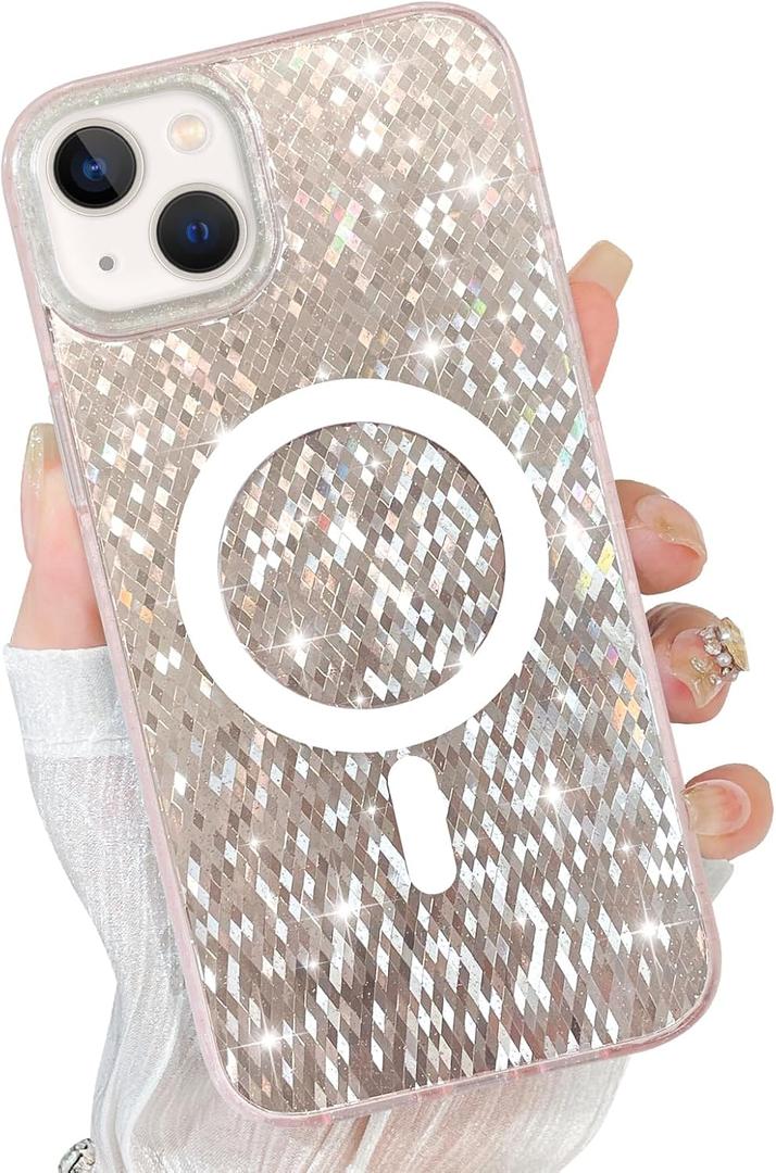 for iPhone 13 Case Magnetic, Compatible with Magsafe, Crystal Diamond Grid Glitter Design Bling Sparkly Shiny for Women Girls Soft Slim Protective Phone Cover, Pink