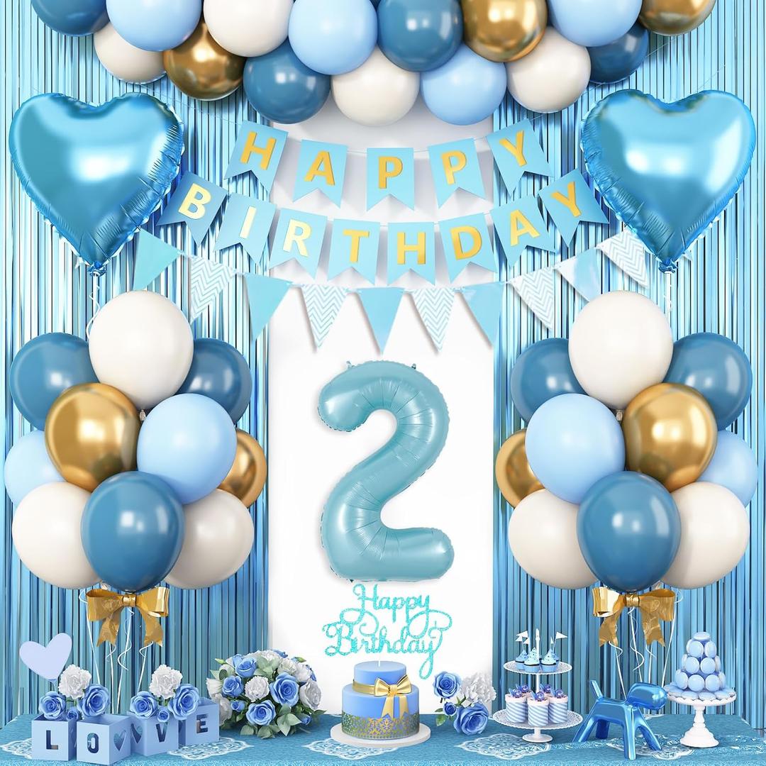 2nd Birthday Decorations Blue White Gold, 25pcs Balloons, Banner, Fringe Curtain, Heart Foil Balloons, Cake Topper, Boys Girls 2 Year Old Birthday Decor