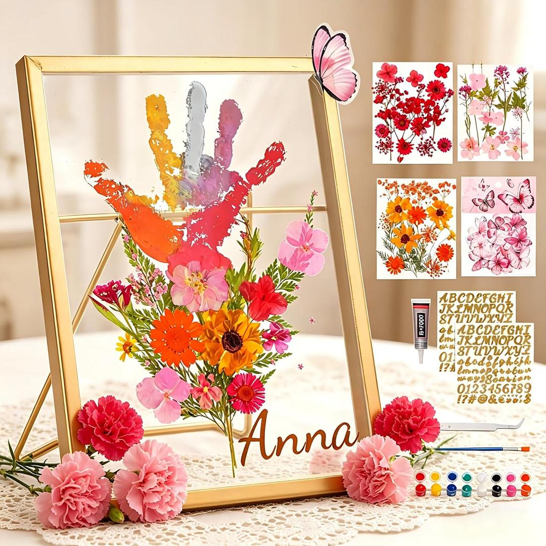 nicedepot Mother's Day Craft Glass Frame for Pressed Flowers Handprint Frame Kit with Dried Flowers Frame for Pressed Flowers Kit Mother Day Gift for Grandma