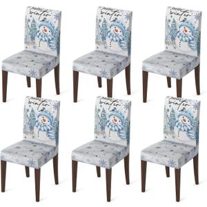 Horaldaily 6PCS Christmas Dining Chair Covers,Blue Snowman Stretch Removable Washable Slipcover Chair Protector for Dining Room Home Decor