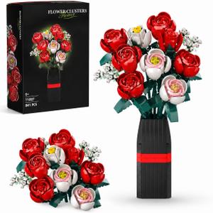 Flower Bouquet Building Set with Vase, 841Pcs DIY Roses Block Kit for Kids Adults, Creative Home Office Decoration, Valentines Day Birthday