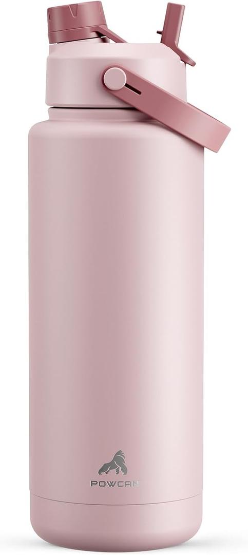 POWCAN 40 oz Insulated Water Bottle with 2-in-1 Straw and Spout Lid, Keep Cold 24H, Leak-Proof, BPA-Free, Double Wall Stainless Steel Water Bottle for Sports, Gym, Travel, and School (Dried Rose)