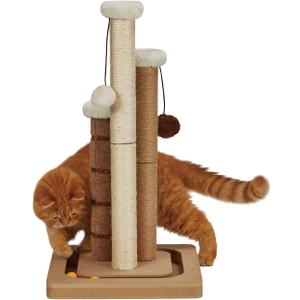 Cat Scratching Post Premium Natural Sisal Jute Carpet 3 Scratch Posts with Interactive Track Ball Base and Hanging Balls Toys Kitten Scratcher for Indoor Kittens and Small Cats