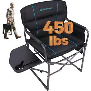 FUNDANGO Oversized Folding Chairs for Outside, Fully Padded Camping Director Chair for Adults, Support 450lbs Portable lawn chairs with Side Table, Side Pockets for outdoor Camp, Picnic, Lawn, Concert