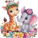 Children Vibrant Cartoon Wall Decal Decoration Cute Baby Giraffeand Elephant Happy Friends Garden Flowers Holiday Gift Lasts Years and Easily Removable - Size: 20 in(W) x 20 in(H)