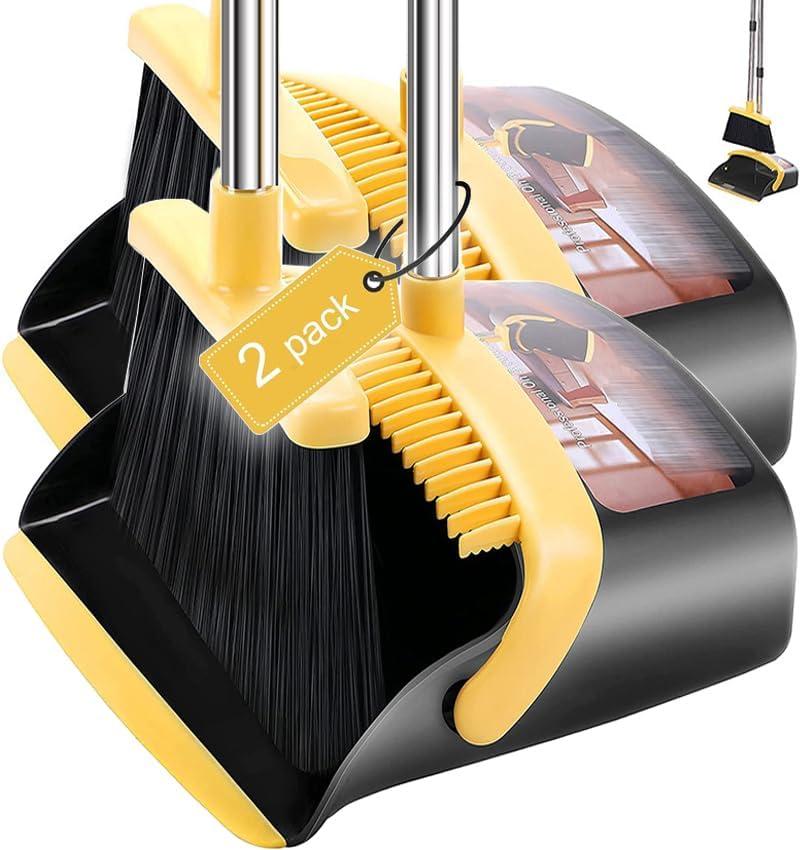 DJDTDTY 2-Pack is More economicalUpgraded Broom and Dustpan with 52" Long Handle, Dustpan Teeth with self-Cleaning Function, Indoor and Outdoor Sweeping, Perfect for Home Office