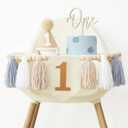 First Birthday High Chair Banner Decorations for Boy 1st Birthday Hat with One Cake Topper Photo Backdrop