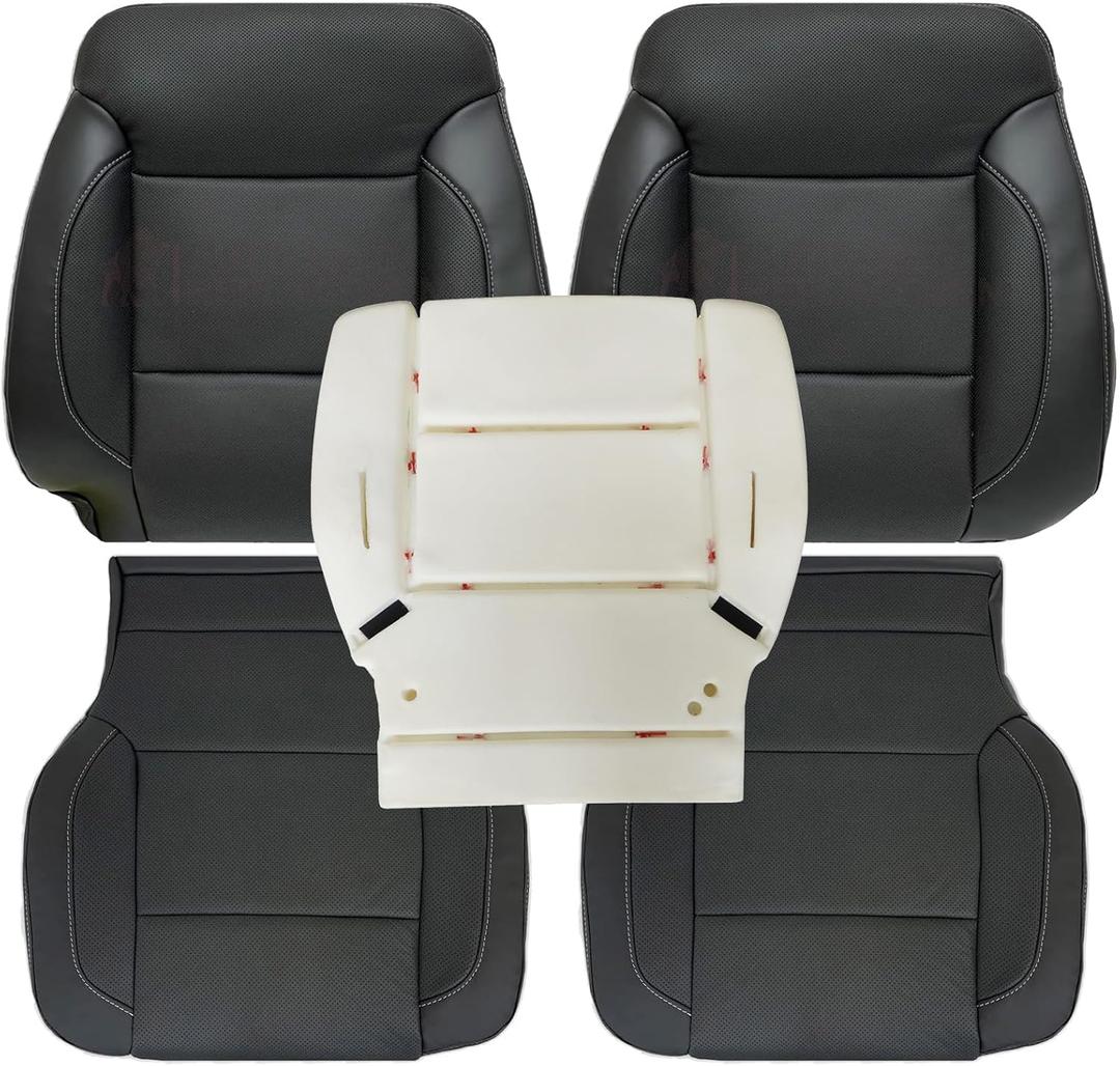 SecosAutoparts Driver & Passenger Bottom & Top Lean Back Replacement Perforated Leather Seat Covers and Driver Foam Black Compatible with Chevy Silverado GMC Sierra 2014 2015 2016 2017 2018 2019