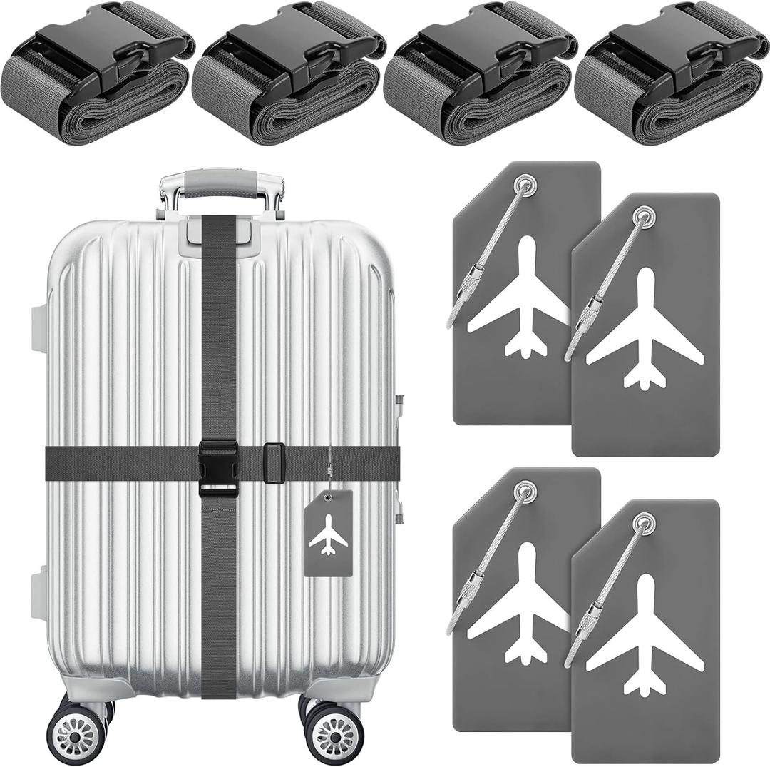 Weewooday 8 Pcs Luggage Straps Suitcase Tags Set for TSA Approved, 4 Travel Adjustable Suitcase Belt, 4 Silicone Luggage Tags with Name ID Card Travel Accessories(Dark Gray,Airplane)