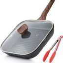 Kordisen Nonstick Grilling Pan with Lid for Stove Tops, 11 Inch Square Grill Pan for Indoor Cooking, Granite Coating Grill Skillet with Pour Spouts, Versatile Griddle, Induction Steak Pan, PFOA Free
