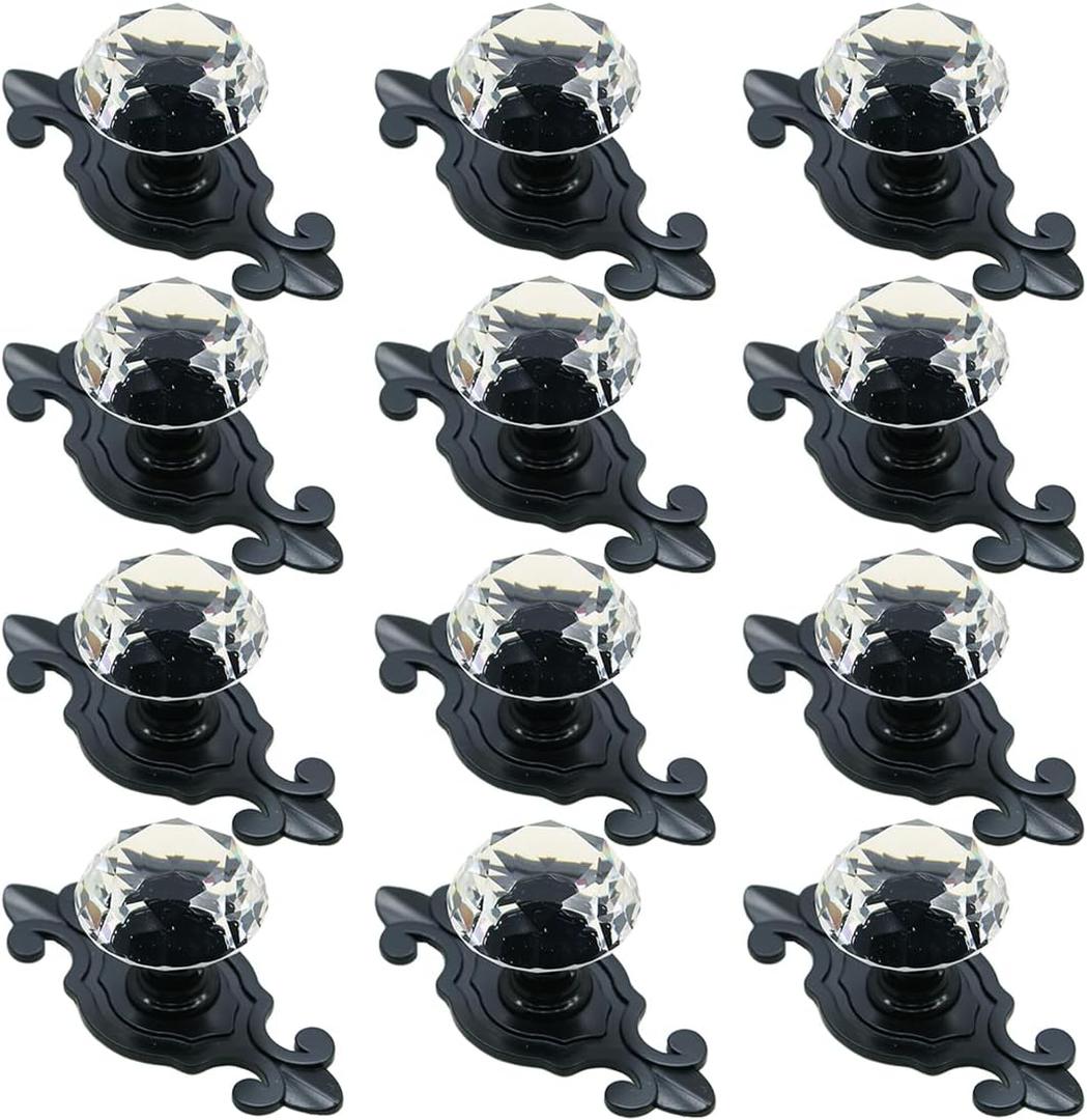 Crystal Glass Cabinet Knobs, [12 Pack] Elegant Diamond Drawer Knobs with Plate, Dresser Pull Handles for Kitchen/Cupboard/Wardrobe/Cabinet (Crystal, 12 Pieces)