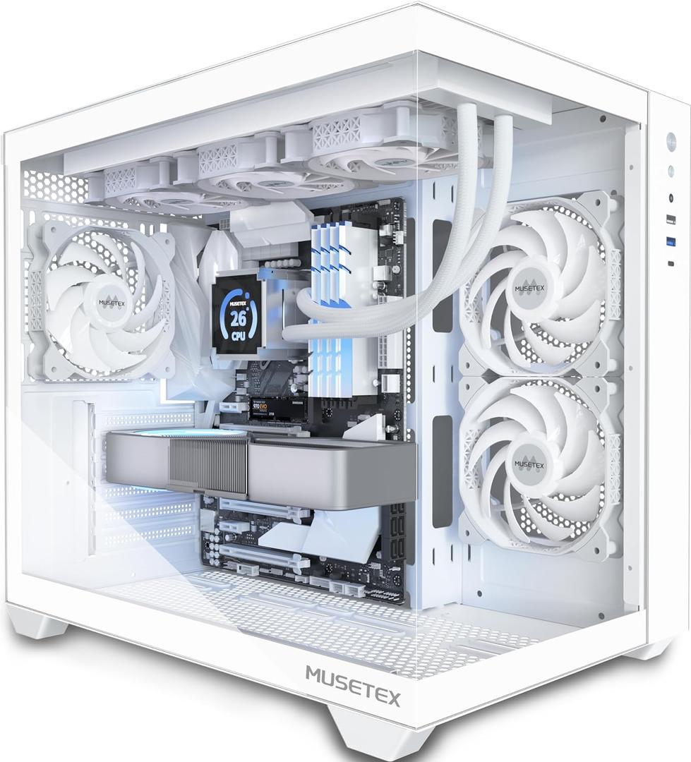 MUSETEX ATX PC Case, 360MM RAD Support, 3 x 120mm Non-ARGB Fans Pre-Installed, 270 Full View Tempered Glass Gaming PC Case with Type-C, Mid Tower ATX Computer Case, White, Y6