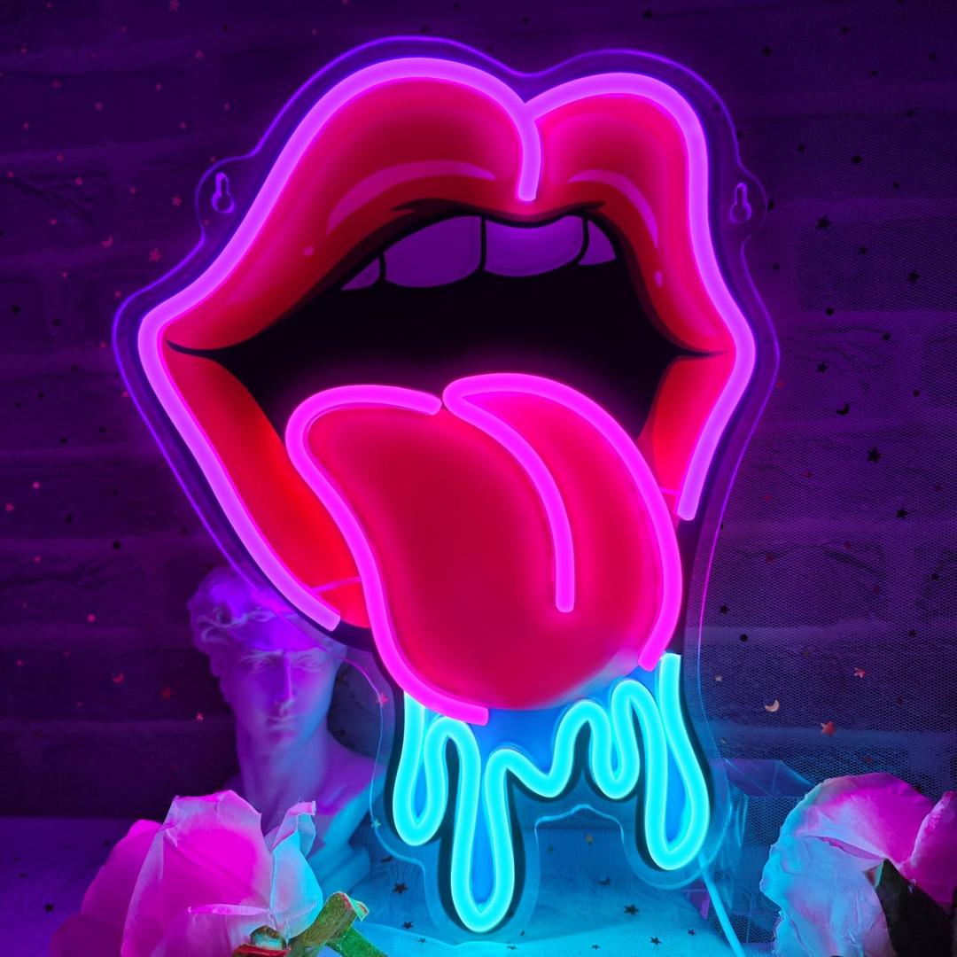 Lips Tongue Neon Sign Tongue LED Neon Light Up Sign for Wall Decor Tongue Drool LED Sign Neon Light for KTV Bar Pub Man Cave Bedroom Party Wedding Decor