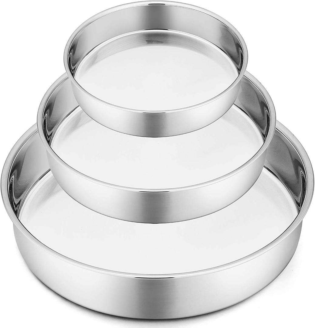 P&P CHEF Cake Pan Set of 3, 8" + 9.5" + 11" Round Baking Layer Cake Pan Tin | Stainless Steel & Mirror Finish, Bakeware for Birthday Weeding Anniversary, Heavy Duty & Non Toxic, Oven & Dishwasher Safe