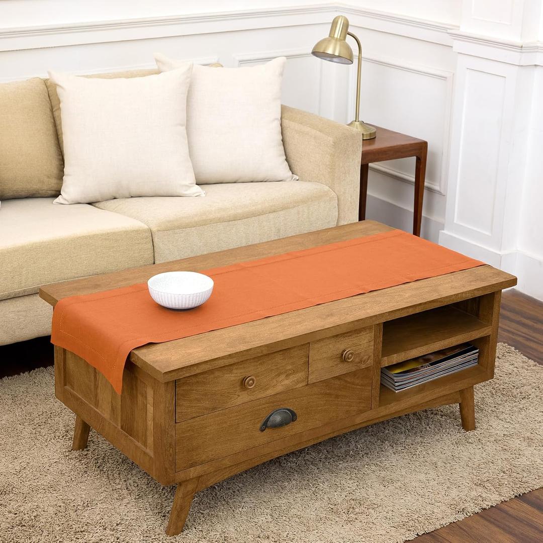 Solino Home Linen Pumpkin Hemstitch Table Runner 60 Inches - 100% Pure Linen Small Table Runner 14 x 60 Inch Ideal for Dresser and Coffee Tables - Classic Hemstitch