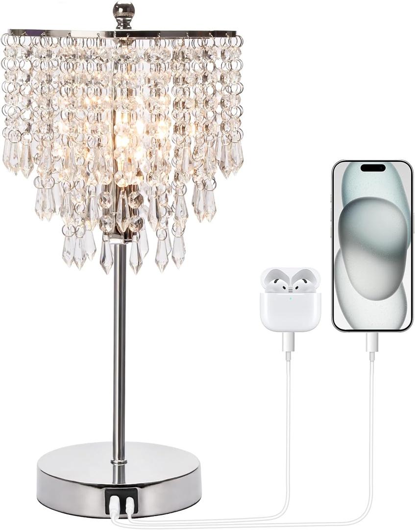 Touch Control Crystal Table Lamp with USB C+A Charging Ports, 3-Way Dimmable Bedside Touch Lamp Decorative Nightstand Lamp with Elegant Lamp Shade for Living Room Bedroom, B11 LED Bulb Included (Silver)