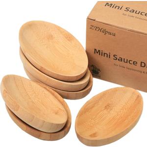Mini Serving Dishes, Bamboo Small Appetizer Plates for Desserts/Charcuterie/Snacks, Dipping Sauce Bowls Set for Condiments/Spice/Tomato Sauce, Mini Sushi Plates, 1 oz 6 Pcs