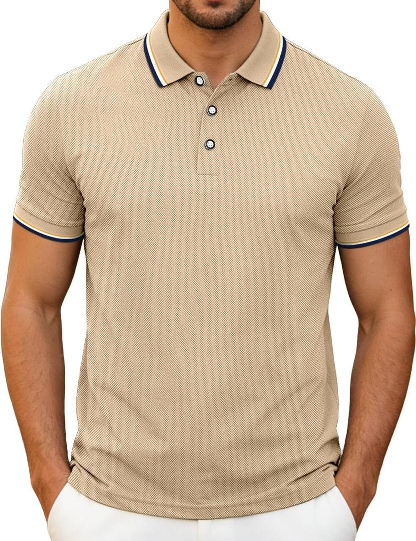 Men's Golf Polo Shirts Short Sleeve Striped Casual Polo Shirts for Men Dry Fit Tennis T-Shirt Tops (L)