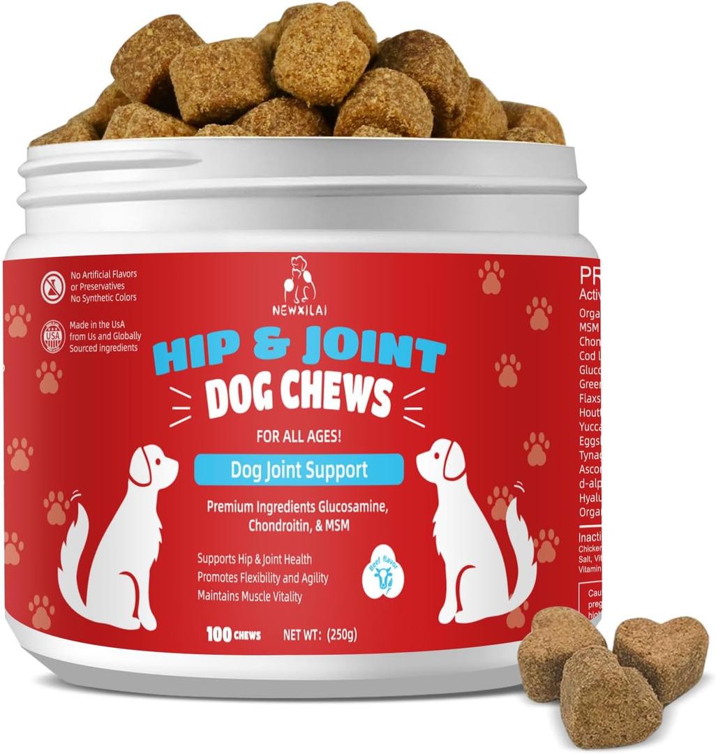 Premium Glucosamine Chewable for Dogs - Hip & Joint Supplement Dog Chews with Chondroitin MSM Omega-3 Support Mobiltiy and Joint Pain Comfort Improve Flexibility, Beef Flavor 100 Soft Treats