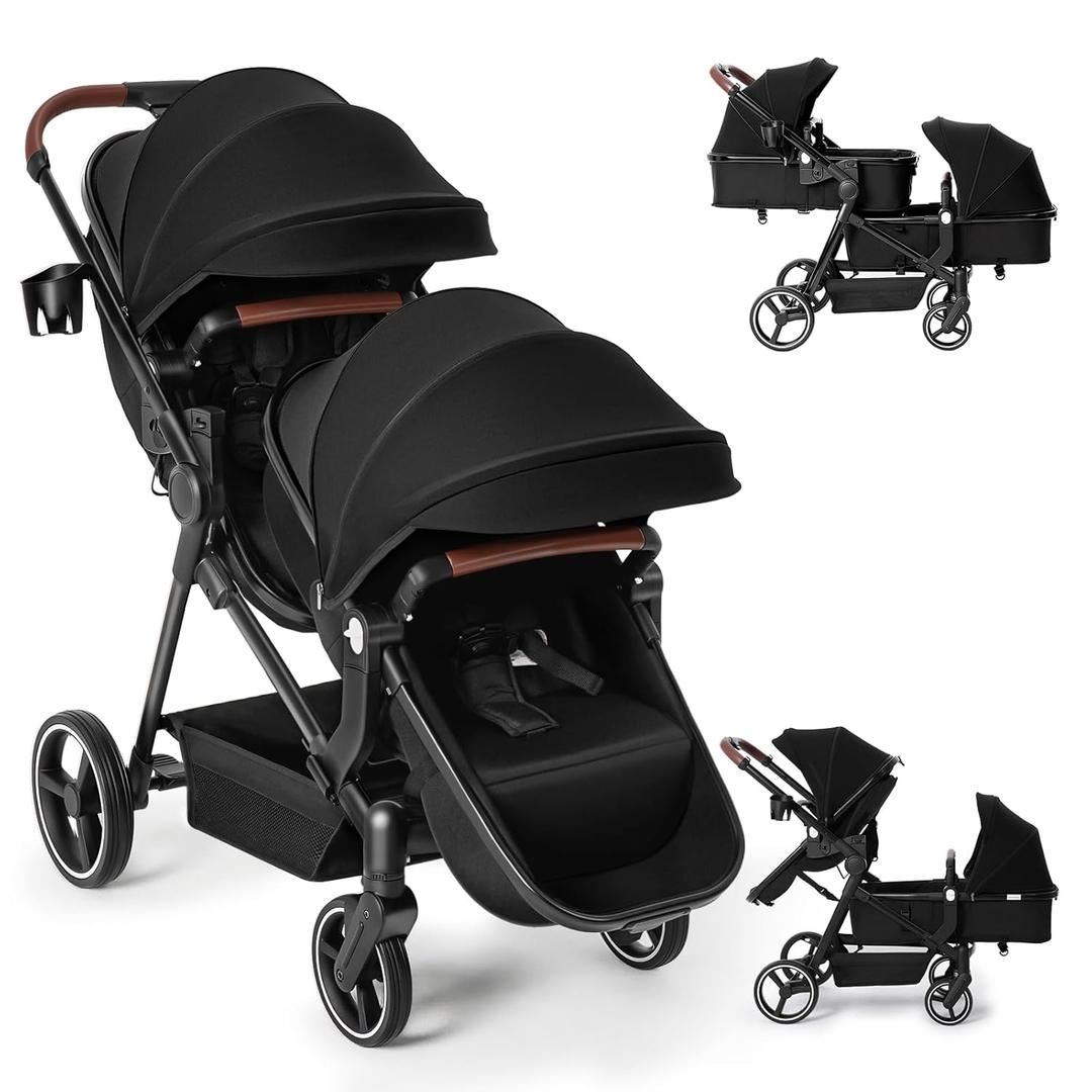 Double Stroller Newborn and Toddler, Foldable Tandem Twin Baby Travel Stroller, Reversible Seat, Adjustable Backrest, Storage Basket/Cup Holder, for 0-3 Kids, Black MFG 10/2025