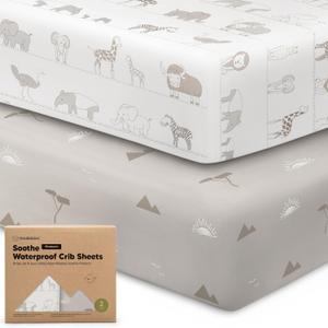 2-Pack Waterproof Crib Sheets for Boys, Girls - 52x28 Fitted Organic Cotton Baby Crib Sheets, Toddler Mattress Protector Cover, Washable, Soft & Durable Baby Bedding Essentials (Savannah)