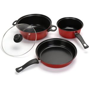 Non-Stick Cookware Set, 4 Piece Set Portable Lightweight Cast Iron Pots and Pans with Glass Lids and Nylon Utensils for Outdoor Travel Camping Picnic