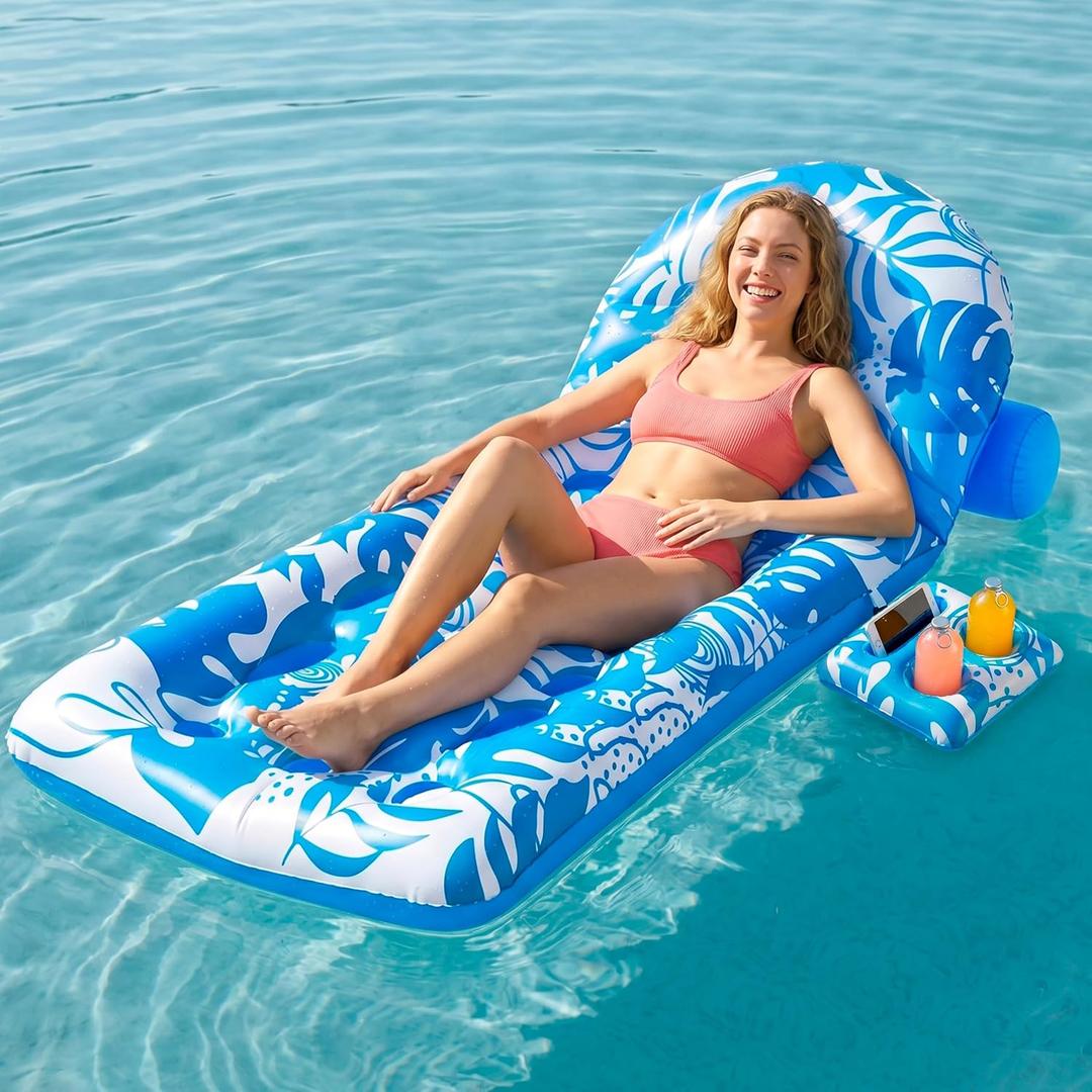 Sloosh Adjustable Backrest Pool Floats - Swimming Pool Lounger Floaties with Cup Holders, Inflatable Tanning Float Rafts Chair Beach Lake Lounge Floating Above Water Keep Cool for Adults Kids