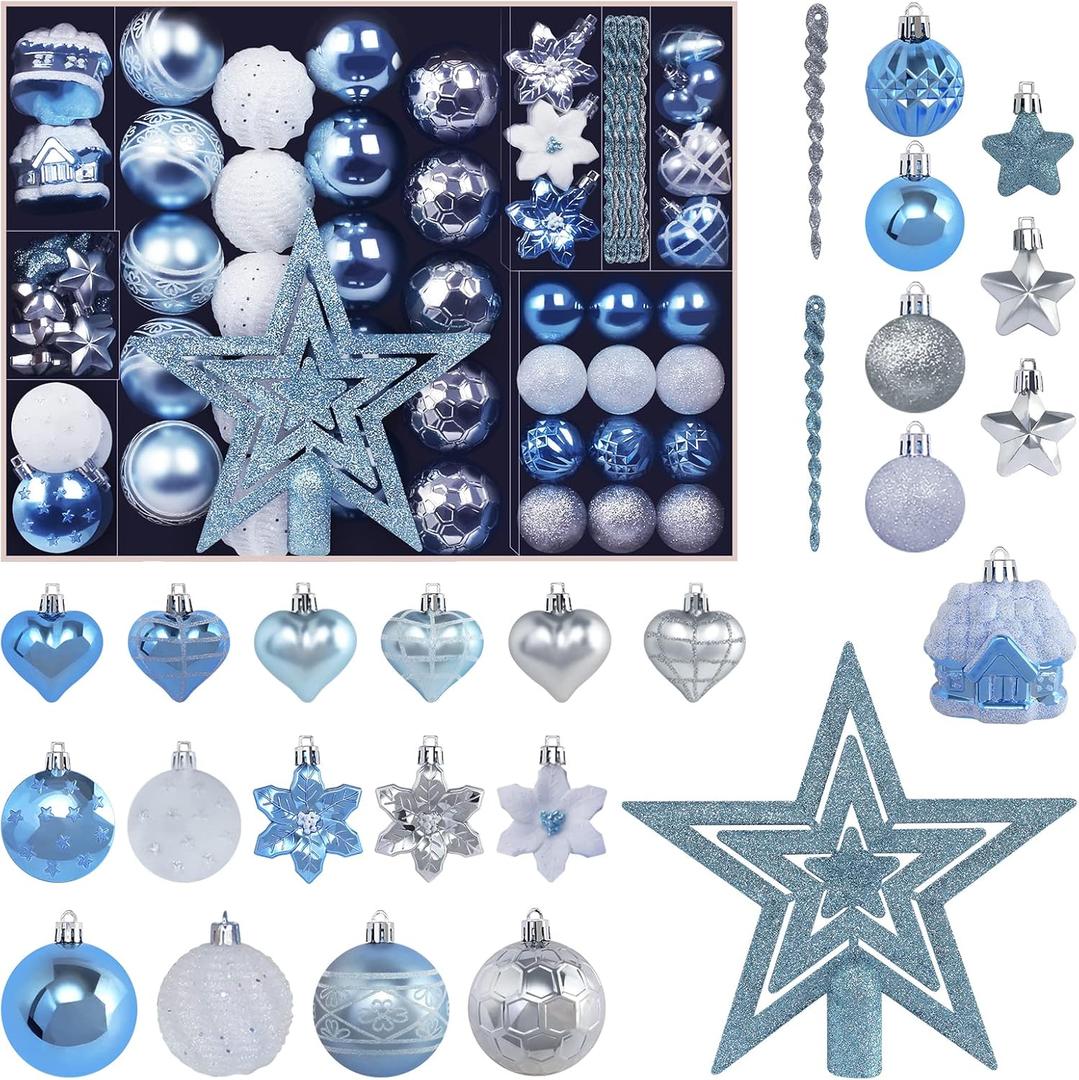 Christmas Ball Ornament Set, 88Pcs Plastic Shatterproof Christmas Xmas Tree Hanging Decorations, for Indoor Home Thanksgiving Halloween Party Decor - Blue/Silver.