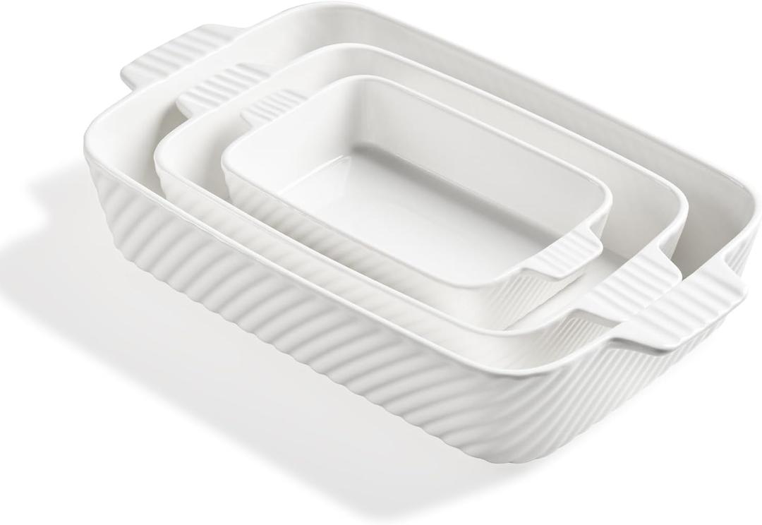 Sweejar Ceramic Baking Dish Set, Cake Baking Dish for Brownie, Porcelain Striped Casserole Dishes for Oven with Handle for Lasagna, Family Dinner (White) Set of 3
