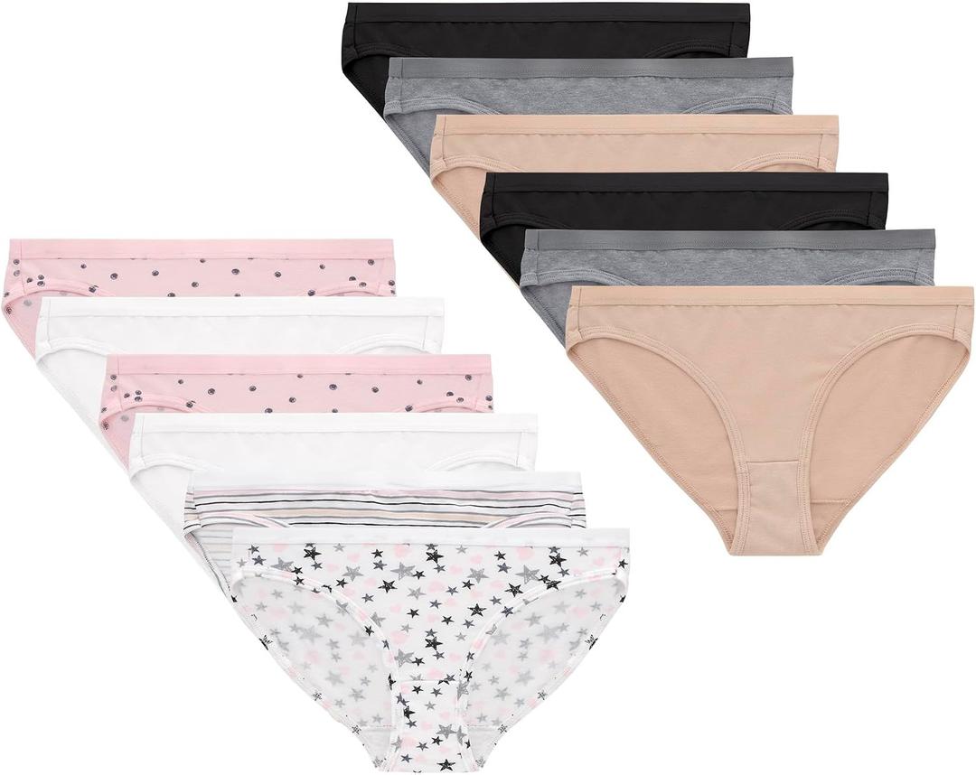 Hanes Big Bikini Underwear, Stretch Cotton Panties for Girls, Assorted, 12-Pack, Black, Nude, Grey, White, Dot Print, Stripe Print, Star Print, Size 12
