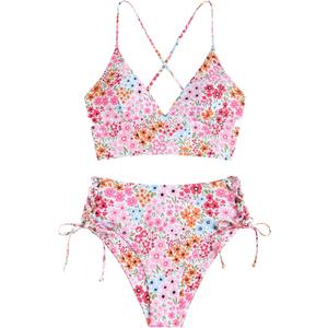 ZAFUL Women's Boho Mix and Match Swimwear Two Piece Bikini with High Waisted Bathing Suits 4-2Pink, L