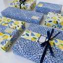 ECOARTTE Summertime Lemons and Moroccan Tile Wrapping Paper set includes: 6 Reversible Sheets 28x20, 6 Adhesive Gift Tags and 3 yards of Ribbon. The Paper is 100% Recyclable, Great for Weddings & More (Blue Yellow)