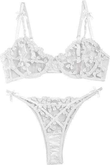 Lilosy Sexy Tie Side Cute Underwire Push Up Strappy Embroidered Mesh Sheer Lingerie Set White XS