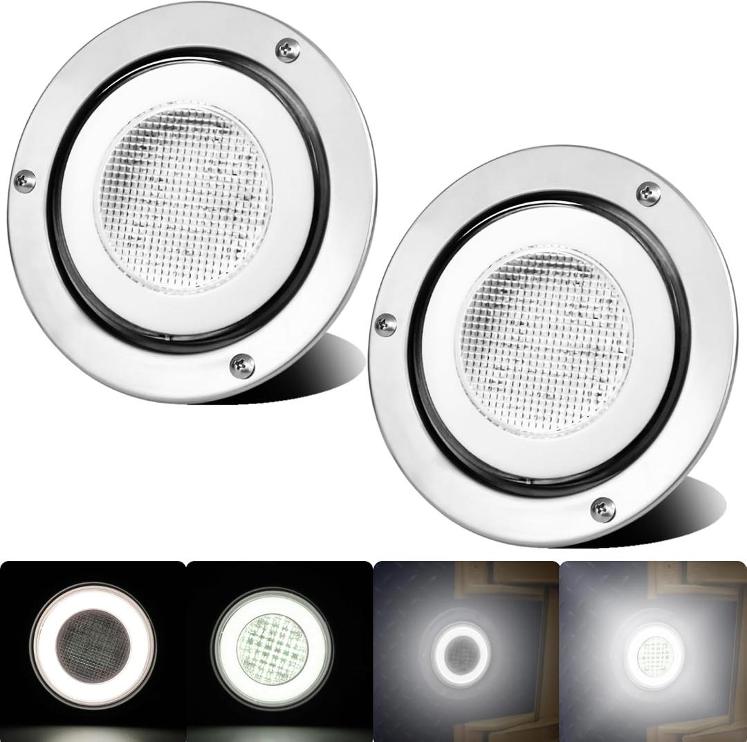 2pcs 4 inch Round White 64 LEDs Trailer Trucks Halo Reverse Back Up Running Tail Lights w/Stainless Bezels Flange Mount Sealed Waterproof IP67 For RV/Van, DC 12V