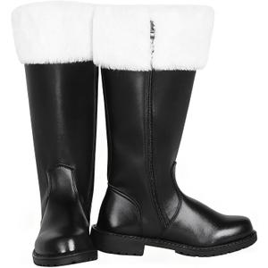 Christmas Santa Boots, Men's Wide Calf Santa Combat Boots with White Fur for Halloween Christmas Costume (Black)
