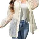 Women's Oversized Sheer Mesh Blouses Floral Embroidery Collared Shirts Long Sleeve Tops Fall Outfits (Beige, L)