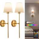 Battery Operated Wall Sconce Set of 2, Gold Rechargeable Wireless Wall Lights with Remote - Dimmable RGB LED Bulbs, 13 Color Options, Cordless Wall Lamps for Bedroom, Living Room, Hallway Decor