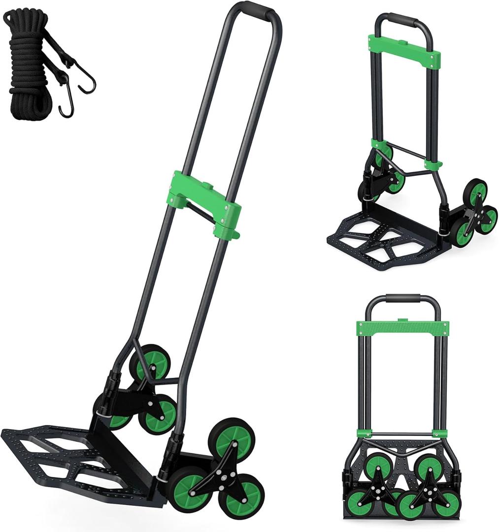 Heavy-Duty 330LB Capacity Hand Truck with Stair-Climbing Wheels & One-Touch Retractable Handle - Q235 Steel Collapsible Dolly Cart, 4.2-Inch Triple Wheels, Elastic Strap & Sponge Grip (Green)