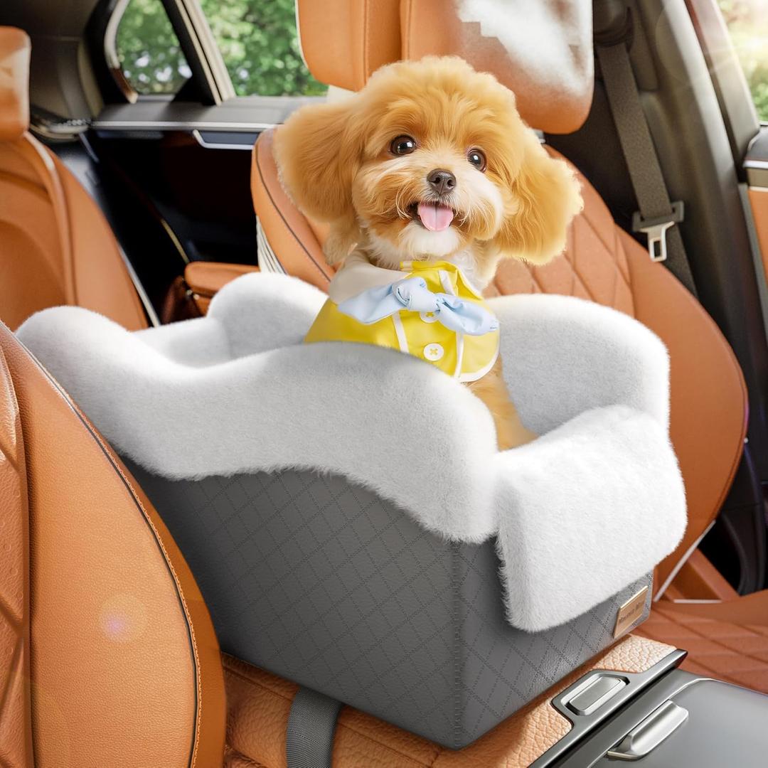Portable Small Dog Seat for Car, Luxury Center Console Dog Car Seat Booster with Safety Tethers, Anti-Collapse Pet Travel Carseat for SUV, Truck (Dark Grey/White)
