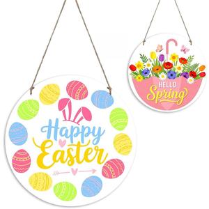 Reversible Easter Door Hanger,Spring Door Hanger,Happy Easter Sign,Spring Welcome Sign,Floral Peeps Egg Decorations Wooden Wall Decor for Home Office Living Room