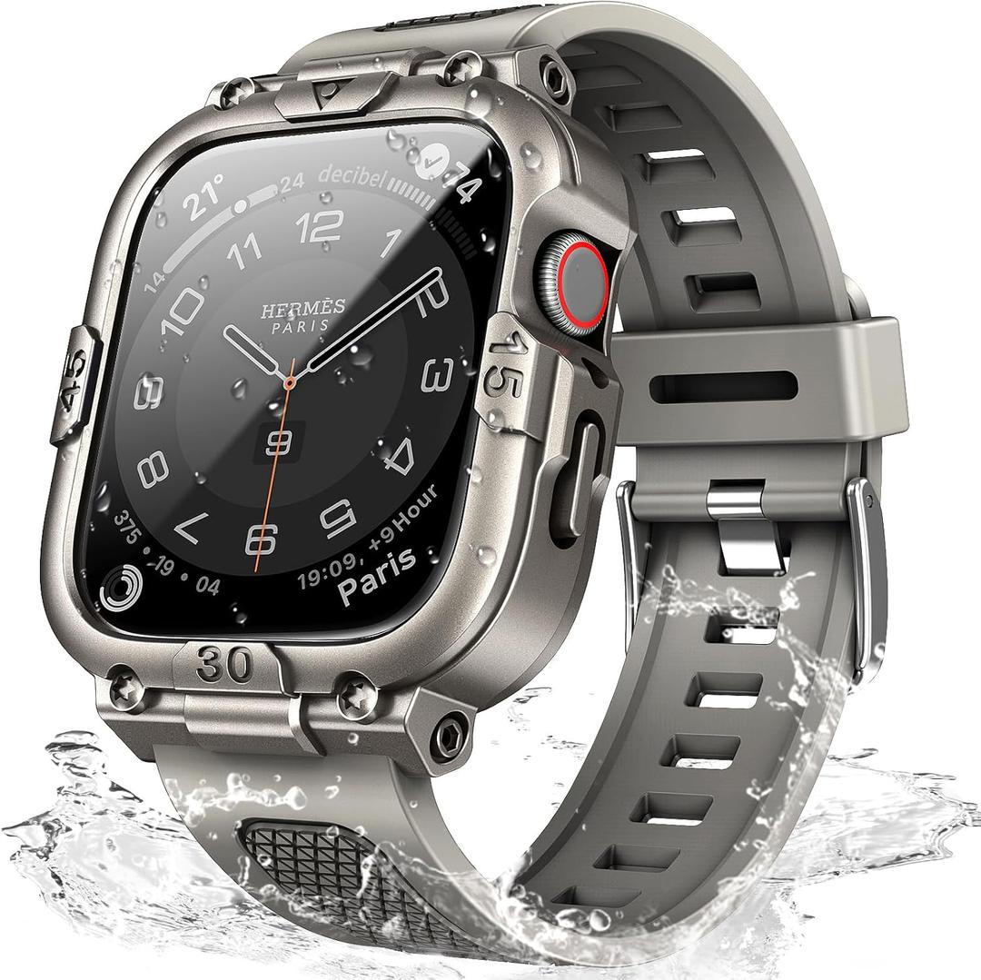 Mosonio Sport Rugged Case with Band for Apple Watch Band 46mm 45mm 44mm 42mm (S11/S10)41mm 40mm, Light TPU Bands with Cover and Screen Protectors for Men, Waterproof Strap for iwatch Series 11 10 9 8 7 6 5 4 SE (Titanium Grey)