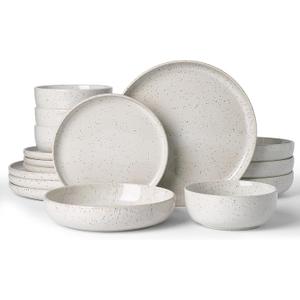 Famiware Meteor Stoneware Dinnerware Sets with Pasta Bowls, Service for 4 (16 Pieces), Plates and Bowls Sets, Microwave and Dishwasher Safe Dishes Set, Creamy White