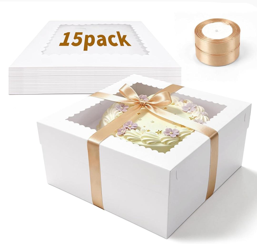 15 Pcs 14x14x6 inch Cake Boxes with Window, Includes 2 Rolls Ribbon