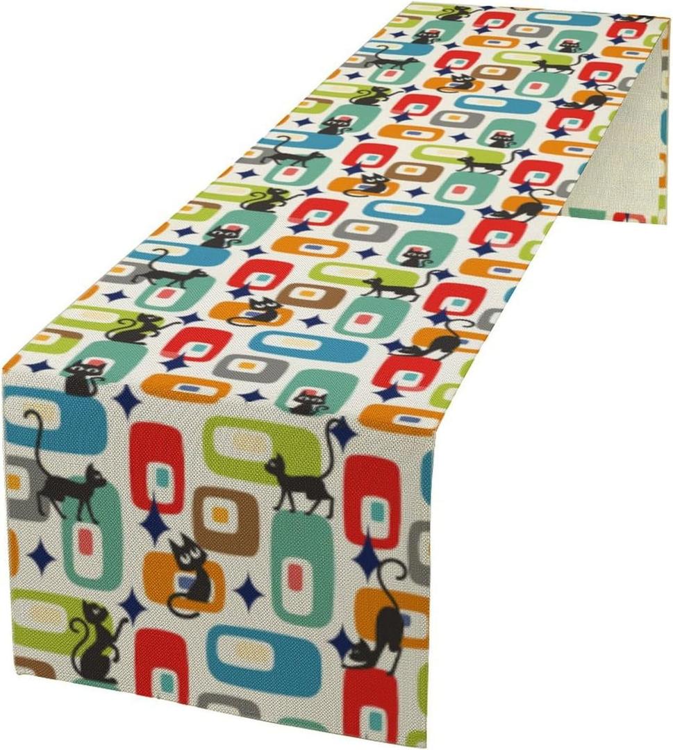 Mid Century Modern Table Runners Cute Black Cat Abstract Geometric for Dining Room Dinner Runner Kitchen Indoor Outdoor Patio Party Decor Fabric 1 Panel W13xL70in