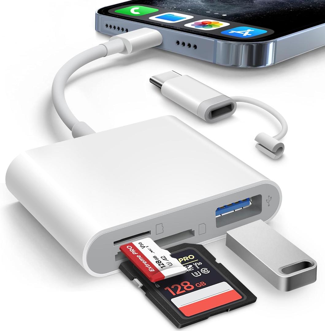 AkHolz SD Card Reader for iPhone iPad Built-in Lightening & USB-C Dual Connectors Card Adapter with SD MicroSD USB-A 3 Slots Trail Camera Memory Card Viewer, Portable No App Required Plug and Play (White)
