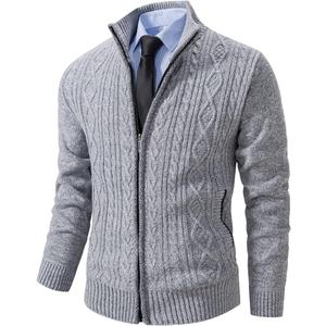 Msmsse Men's Casual Slim Full Zip Thick Knitted Cardigan Sweaters with Pockets Light Grey US S