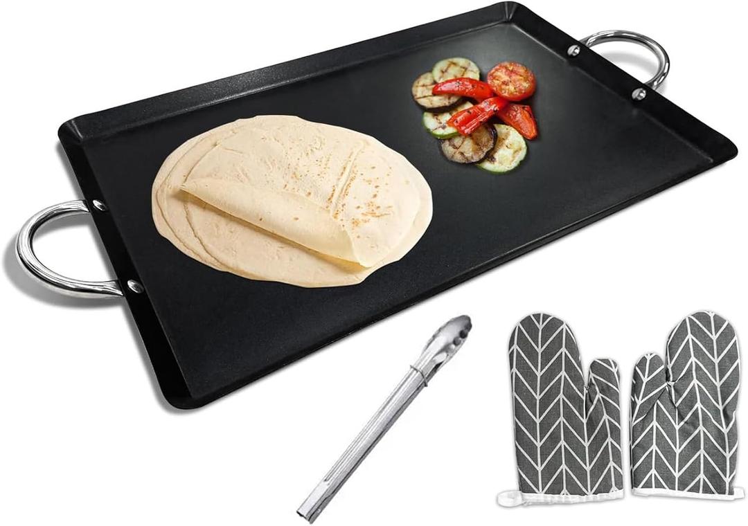 LetFeng 26 Double Burner Griddle Nonstick Double Burner Stainless Steels Stove Top Flat Griddle Coated Cool Touch Handle Oven Safe & Compatible With All Stovetops Black And Silver