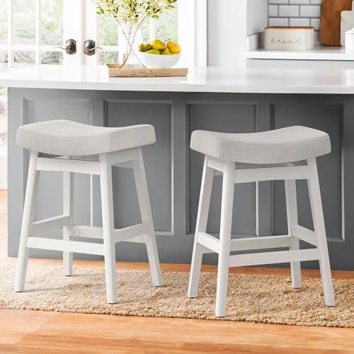 Cozyman Bar Stools Set of 3, Barstools with Sturdy Wood Legs, Saddle Seat Counter Height Bar Stools for Kitchen Counter, Bar, Dining, 24 Inch Farmhouse Counter Stools, Pale Gray Fabric