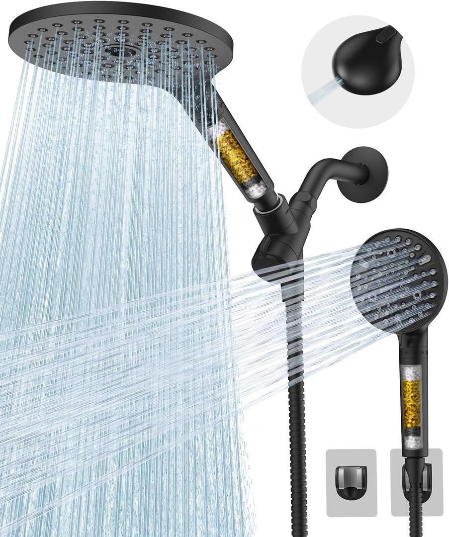 Dual Filtered Shower Heads Combo, High Pressure Rain Shower Head with Handheld Spray Built-in Power Wash, Dual Handheld Shower Head for Hard Water, Remove Chlorine for Healthier Skin-Black